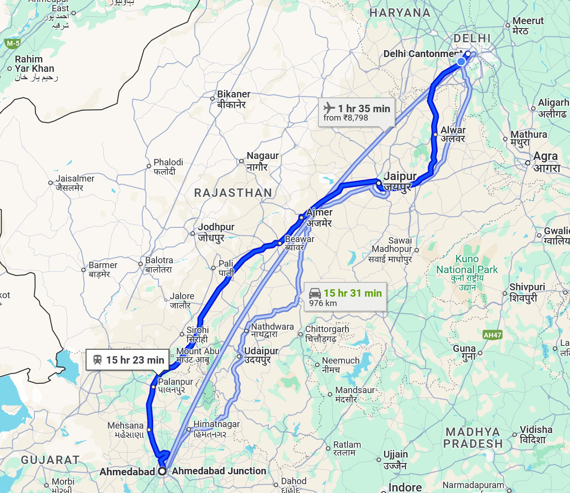 Ahmedabad to Delhi Pet travel routes