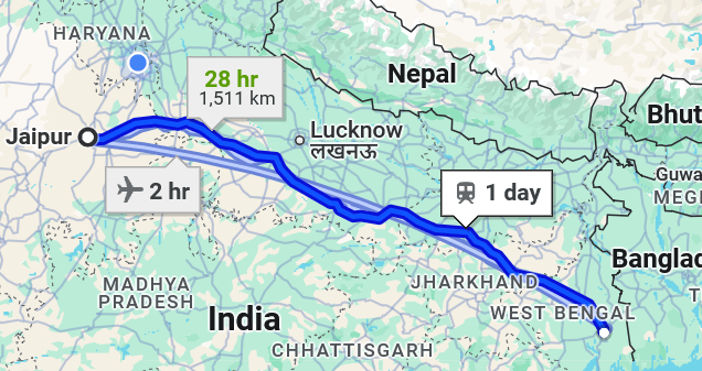 Jaipur to Kolkata pet travel routes