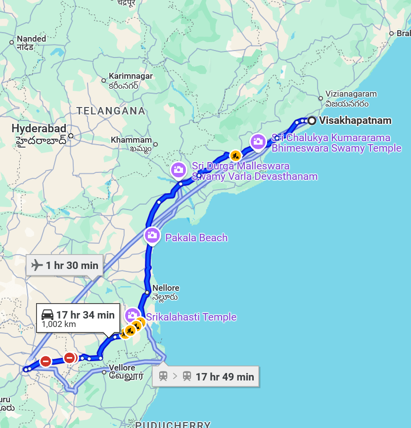 Visakhapatnam to Bangalore pet travel routes