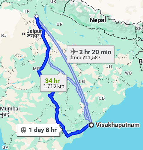 Visakhapatnam to Delhi pet travel routes
