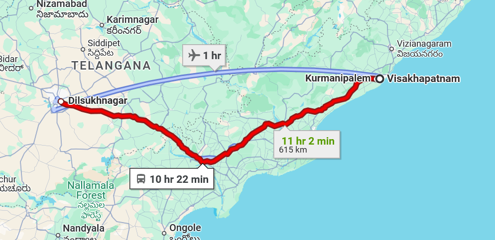 Visakhapatnam to Hyderabad pet travel routes